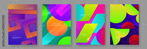 Four diverse abstract covers using a mix of rounded circles and sharp geometric shapes with vivid color transitions