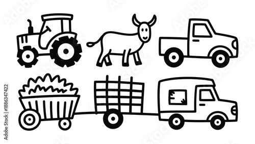 Farm Life Essentials: Depicting a collection of essential elements representing rural life and agriculture in a clean, graphic style, capturing the simplicity and charm of farming
