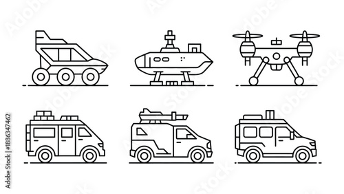Modern Transport Icons: A set of detailed icons representing cutting-edge transport, from a lunar rover to a drone, showcasing the evolution of movement in our world. 