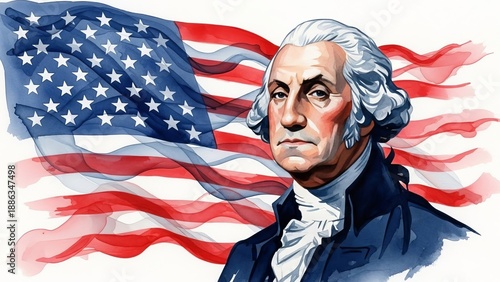 George Washington in colonial attire stands before a watercolor American flag.