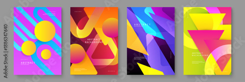 Trendy poster collection with rounded lines and sharp triangles in bright gradient colors for creative advertising