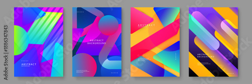 Creative set of bold abstract posters with interlocking geometric shapes and saturated gradients for artistic portfolios