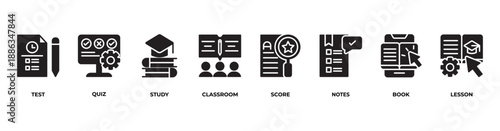 Academic Pathway Icons set vector illustration glyph with Test, Quiz, Study, Classroom, Score, Notes, Book, Lesson