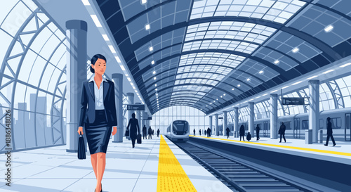 Businesswoman walking on train station platform in this vector illustration