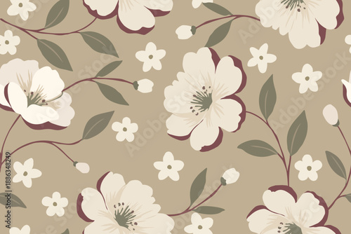 Elegant seamless floral pattern with soft cream flowers, muted green leaves, and warm beige background, perfect for wallpaper, fabric, and interior design.