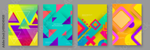 A vibrant collection of abstract backgrounds with neon color palettes and overlapping geometric triangle elements for creative branding
