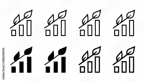 A set of black vector icons depicting growing bar graphs with leaves on a white background