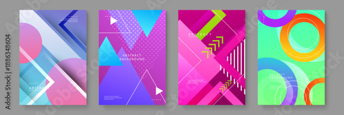 A collection of four vibrant abstract posters featuring bold geometric shapes like circles and triangles with modern gradients and linear patterns