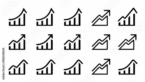 A collection of black and white bar graph icons with arrows pointing upwards, symbolizing growth and increase.
