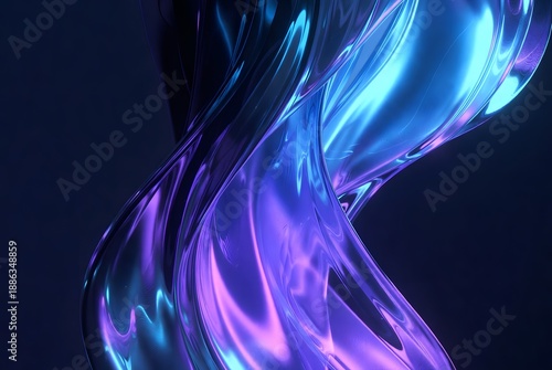 A sleek abstract image showcases a twisted, iridescent glass-like form, glowing with futuristic neon blue and purple light against a dark, mysterious background.
