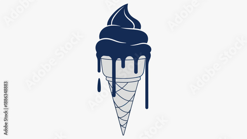 Melting Dark Blue Ice Cream Cone Graphic, Minimalist Drip Dessert Vector