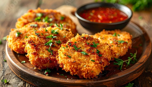 Delicious Fried Potato Cakes with Spicy Tomato Sauce.