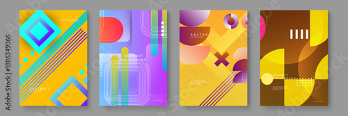 Abstract geometric layout set featuring rounded squares circles and lines with soft bright color gradients and modern aesthetics