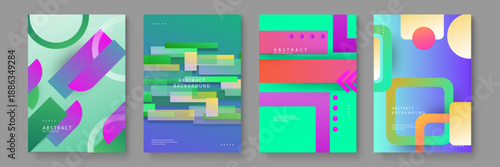 Set of abstract posters with high contrast neon colors including green pink and blue with layered geometric bars and rectangles for futuristic technology event covers