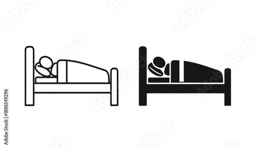 Black and white line icons of people sleeping in beds