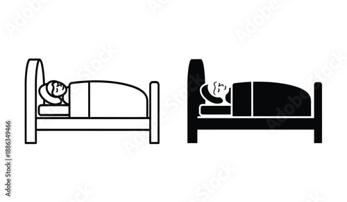 Black and white line art illustration of two beds with people sleeping on them in a simple style