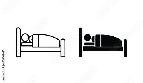 Black and white line icons of people sleeping in beds