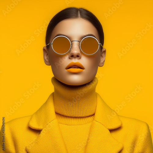 Fashion beauty portrait with round sunglasses on bright yellow background