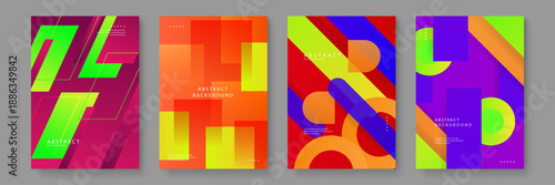 Set of four colorful abstract backgrounds with overlapping geometric patterns and high contrast vivid colors for modern branding