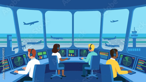 Airport Control Tower with Airplanes and Air Traffic Monitoring