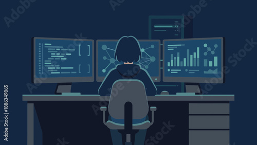 Cybersecurity Specialist Monitoring Multiple Data Networks and Security Analytics