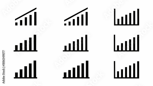 A set of black vector bar graph icons on a white background for business and finance design