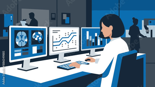 Data analyst working with multiple computer monitors in a tech office