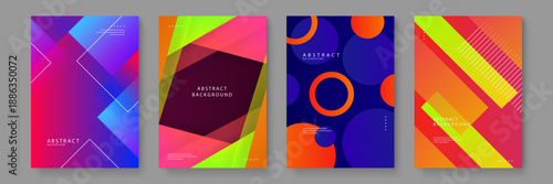 A versatile set of abstract posters with overlapping geometric shapes and thin lines in a variety of vibrant color schemes