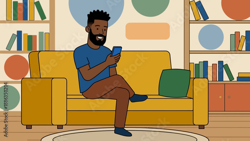 Modern man relaxing on sofa using smartphone in cozy living room