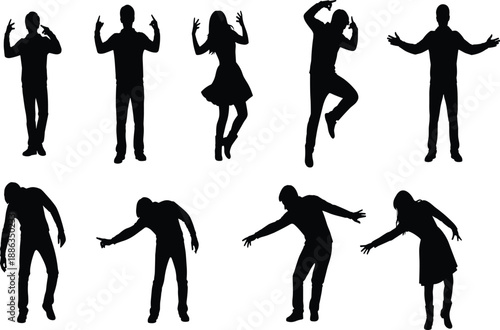 Collection of Professional Black People Silhouettes, Men and Women Dancing and Pointing Figures, Vector Illustration for Party Event Design and Lifestyle