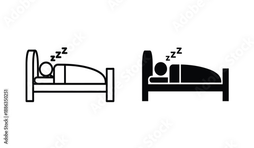 Black and white line icons of people sleeping in beds at night