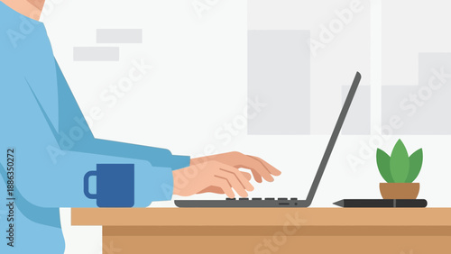 Person Working on Laptop at Desk with Coffee and Plant