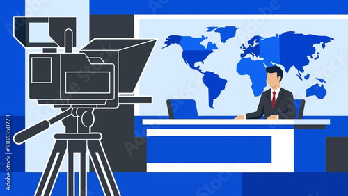 Professional News Anchor at Modern Broadcast Studio with World Map Background
