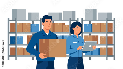 Warehouse Workers Managing Inventory with Boxes and Tablets