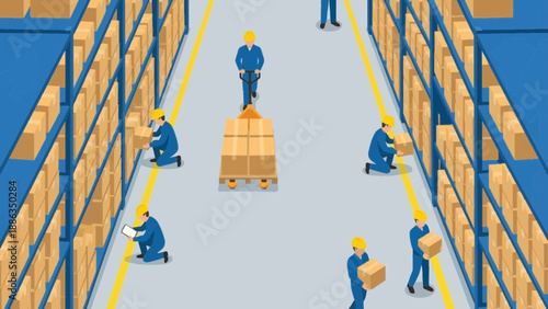 Warehouse Workers with Hand Truck in Industrial Storage Facility