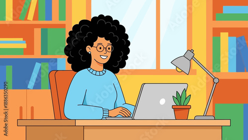 Woman Working on Laptop in Cozy Home Office with Bookshelf