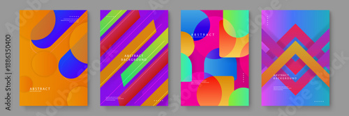 Set of four dynamic posters using overlapping geometric shapes and bright color palettes for creative advertising and digital art