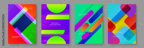 Four abstract poster designs featuring geometric patterns and a vivid neon color palette for edgy and modern visual communication