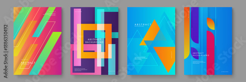 Artistic set of posters featuring contemporary abstract shapes and geometric elements with bright gradients for modern decor
