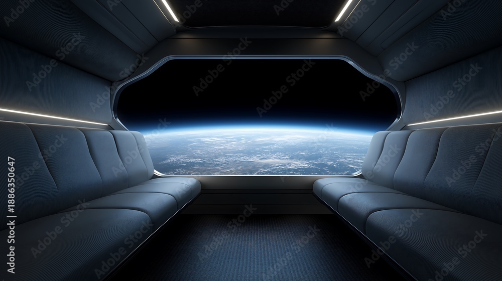 Fototapeta premium Futuristic Space Tourism Interior with Earth View Through Large Window and Luxury Design 