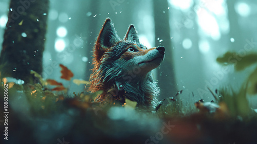 Majestic close up wolf head in dense misty forest, Symbol of strength and freedom.