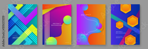 Set of stylish abstract backgrounds with fluid wave patterns and layered hexagonal shapes for creative projects