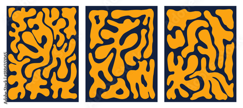 Set of three minimalist abstract posters with fluid yellow shapes. abstract art piece featuring three identical yellow and blue patterned squares on a white background