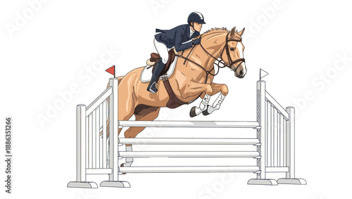 Equestrian jumping fence, horse and rider in competition, show jumping event