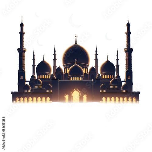 Illuminated mosque silhouette isolated on transparent background