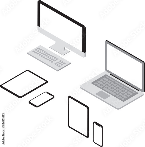 Isometric Digital Device Set. Vector Illustration of Computer, Smartphone, and Tablet