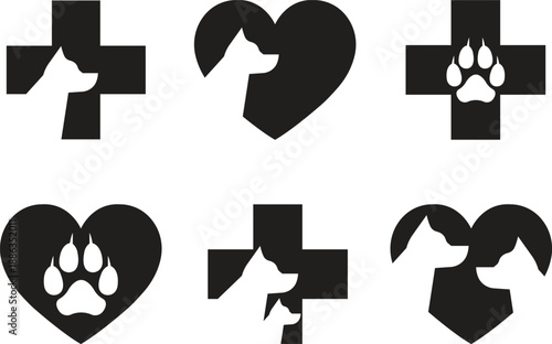 Veterinary medical pet care icon set in flat styles. Animal clinic healthcare paw heart symbols, dog hospital treatment cross logo. Pharmacy vectors illustration isolated on transparent background.