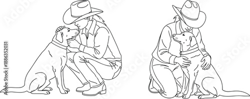 Heartfelt Cowboy Moments, Gentle Bond Between Man and Dog in Western Attire, Captured in Minimalist Black-and-White Line Art