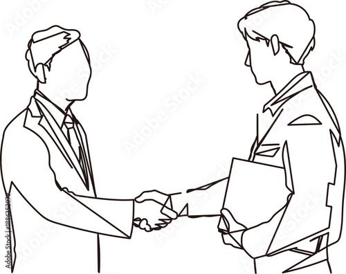 握手をするビジネスマンと作業服の男性の線画イラスト素材