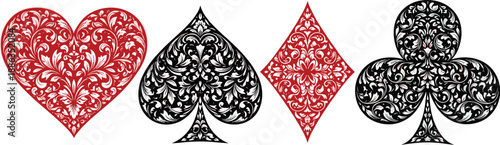 Ornate Floral Playing Card Suit Symbols Featuring Heart, Spade, Diamond, and Club in Red and Black Decorative Artistic Design